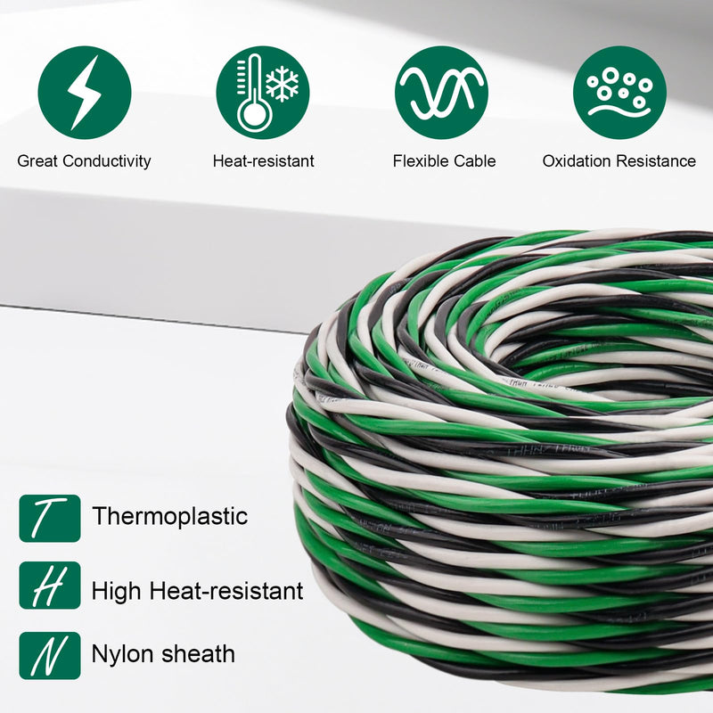 MOOKEERF THHN Wire 12 Gauge 3 Conductor (Black/White/Green) 15FT - OFC Stranded Copper 12 AWG Pre-Twisted Electrical Building Wire 600V with Nylon Jacket for Residential, Industrial, Ground, CNC 12AWG 15FT