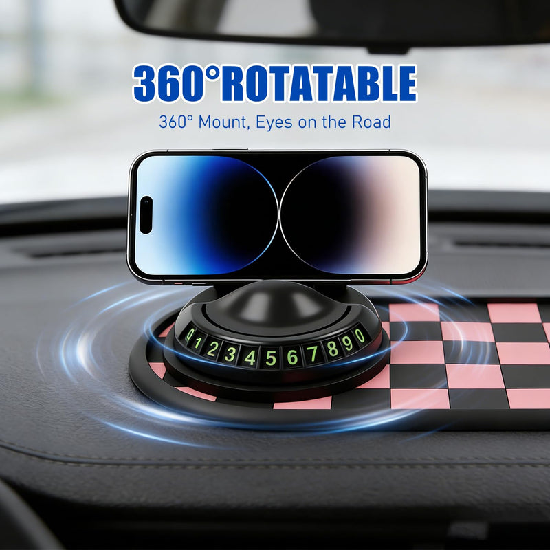 Mobile Phone Bracket Anti-Slip Mat,Multifunction Car Dashboard Mat with Temporary Parking Number,Universal Fit Anti-Slip Mat,360° Rotating Adjustable Phone Holder (Black & Gray) Black & Gray