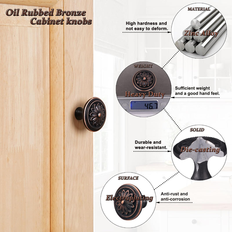DWYL & LWYD Cabinet Knobs 10 Pack,Oil Rubbed Bronze Solid Zinc Alloy,1-2/5"Dia Round Heavy Duty Antique Bronze Kitchen Cabinet Handles Vintage Drawer Knobs Dresser Knobs for Cabinets and Drawers Oil Rubbed Bronze