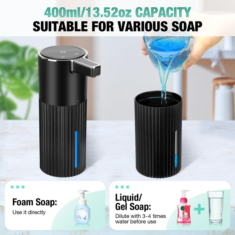 2 Pack Automatic Soap Dispenser: 14oz Plastic - Foaming Touchless 4 Level Adjustable Wall Mount Foam Black Rechargeable Electric Auto Smart Soap Dispenser Set - Bathroom Kitchen Hand Dish Lotion 2 Pack Black