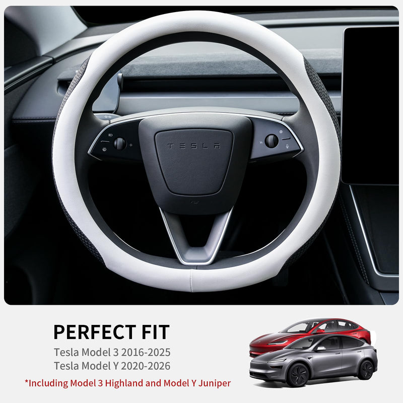  [AUSTRALIA] - Premium Leather Steering Wheel Cover for Tesla Model 3/Y 2016-2025 2026 Juniper/Highland, Non-Slip Breathable Tesla Model 3/Y Steering Wheel Protector, White