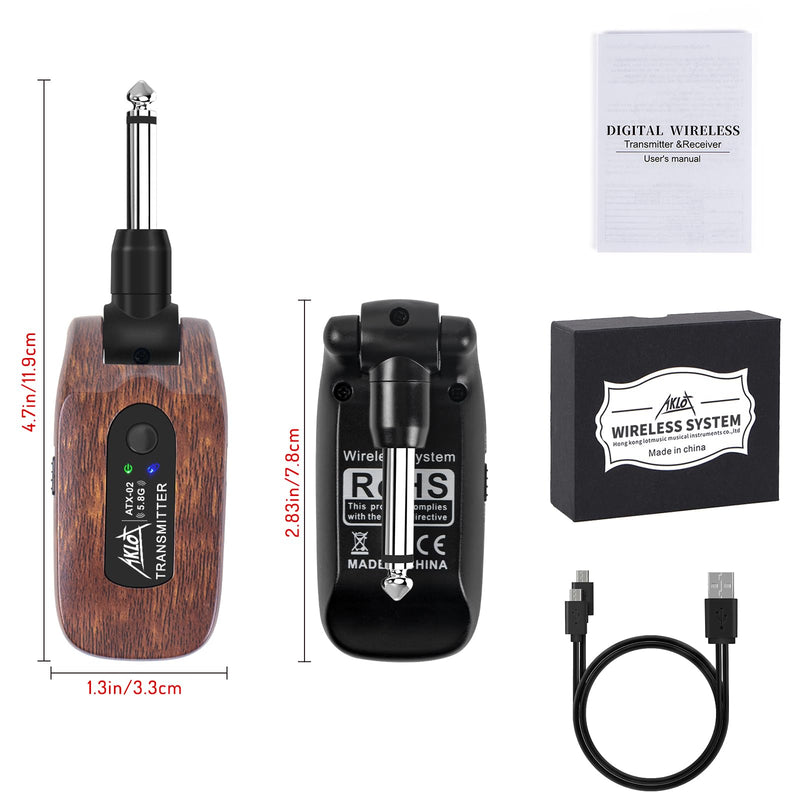 AKLOT Wireless Guitar System Transmitter Receiver Set 5.8GHz Built-in Rechargeable Lithium Battery Digital for Electric Guitar Bass Brown