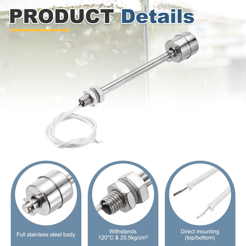 MECCANIXITY Stainless Steel Float Switch, 75mm Rod 110V DC 0.2A Vertical Water Level Sensor M10 Thread Single Tank Liquid Level Controller for Pump/Alarm 1 Pcs