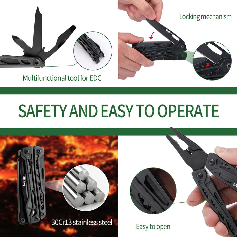 NexTool Multitool, 11 in 1 Multi Tool with Needle Nose Pliers, Scissors and Screwdriver Bits, Stainless Steel Multi Tool Pocket Knife with Safety Locking for Camping,Fishing,Hiking, Mens Gifts Unique Full Size Black Knight Pliers