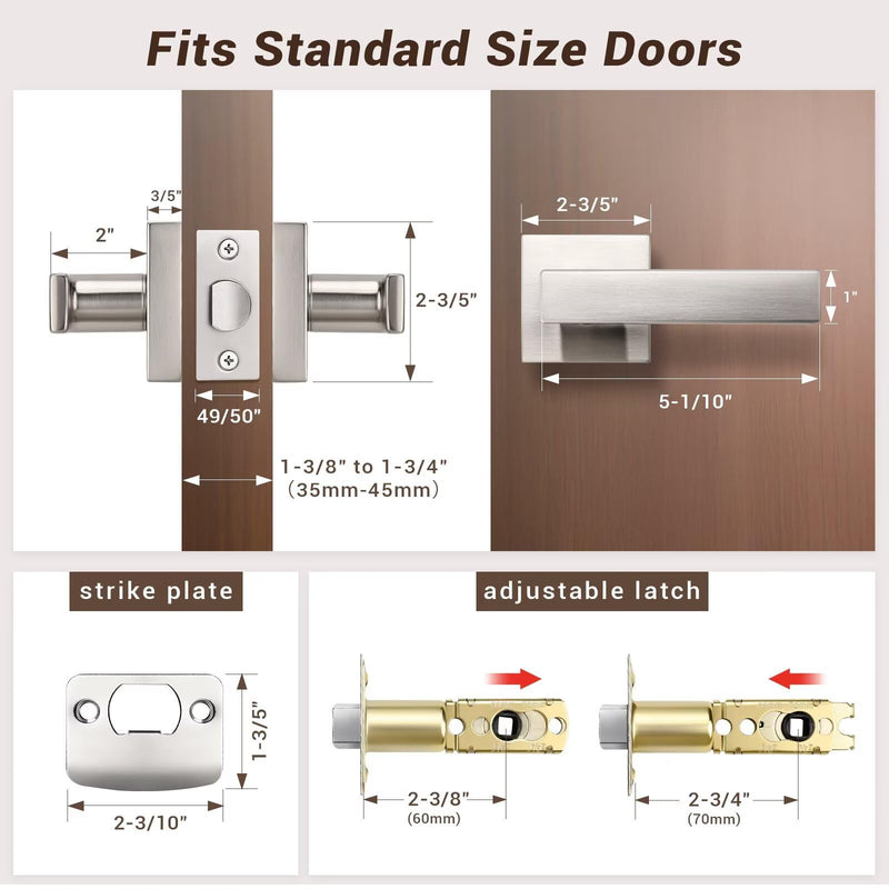 Knobonly 1 Pack Square Passage Door Levers Interior, Satin Nickel Door Handles, Hallway Closet Door Handlesets Indoor, Keyless Door Knobs Reversible for Right & Left