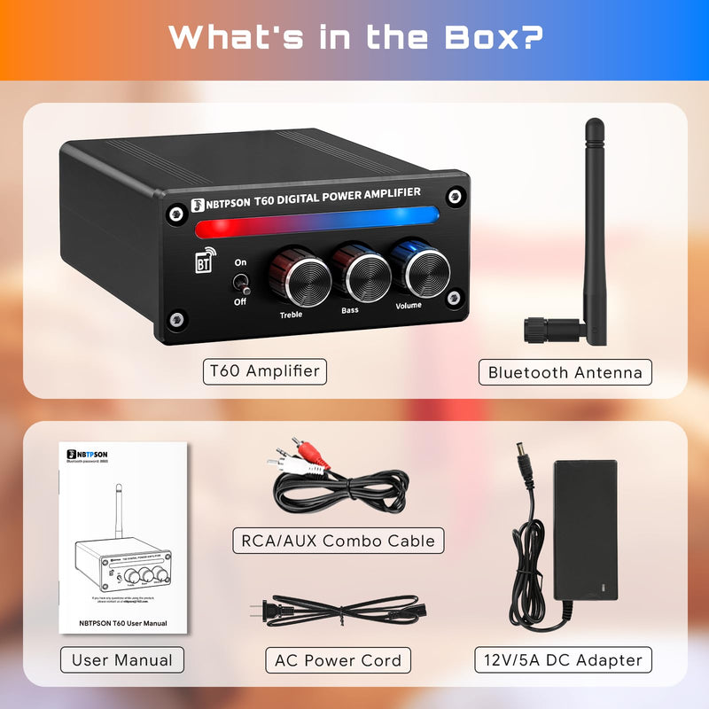 T60A Bluetooth Stereo Amplifier 100W×2 RMS 2CH Receiver | Bluetooth AmpIDual ChipTPA3116 Amp with Bass Treble KnobI 2 Channel Amp with Bluetoothfor Bookshelf, Ceiling, Garage