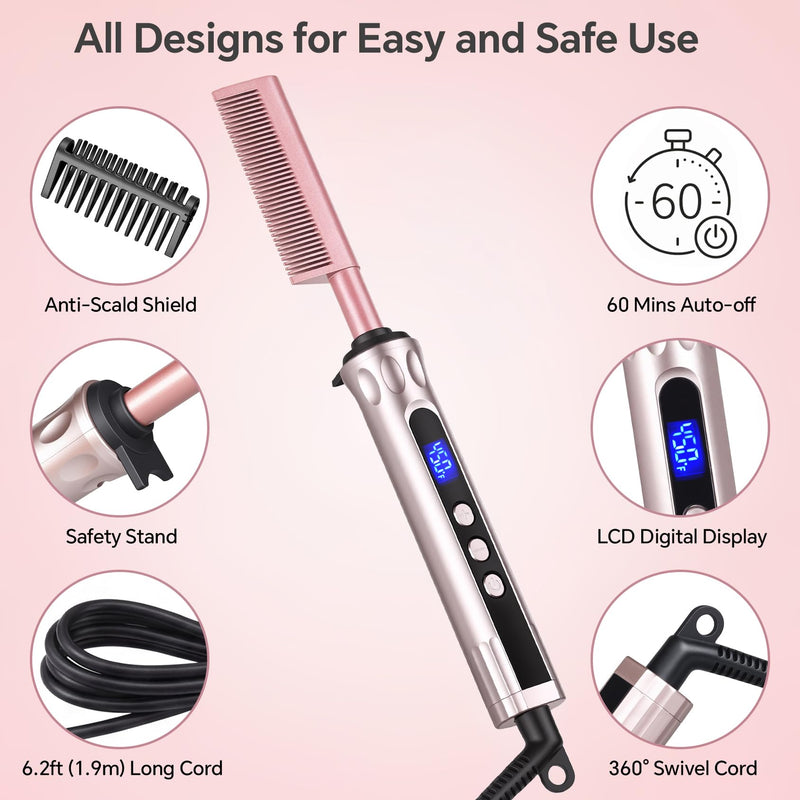 Hot Comb for Wigs & Afro Hair, Ceramic Heated Straightening Brush | with 14 Heat Settings, Anti-Scald, Auto Shut Off, Dual Voltage Travel Hair Straightener for Black Women Styling