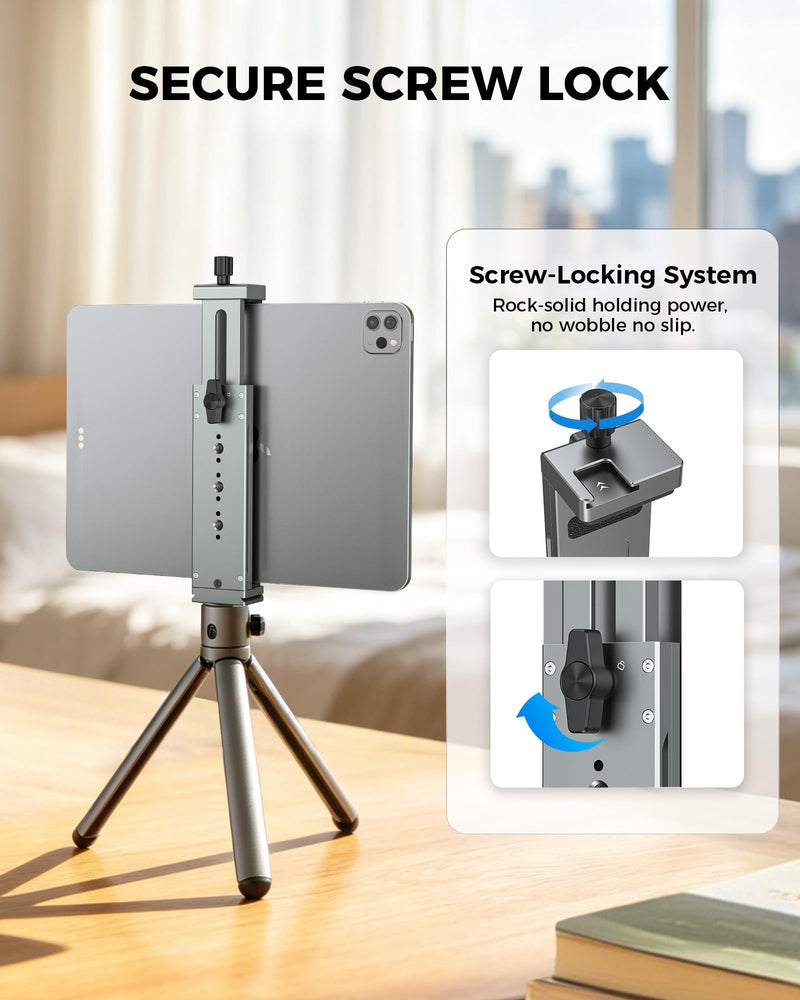 Aluminum iPad Tablet Tripod Mount Adapter - Adjustable 13.5-22cm Clamp Range with 1/4" Thread, Arca Swiss, Cold Shoe - Universal Tablet Holder for iPad, Video Recording, Photography