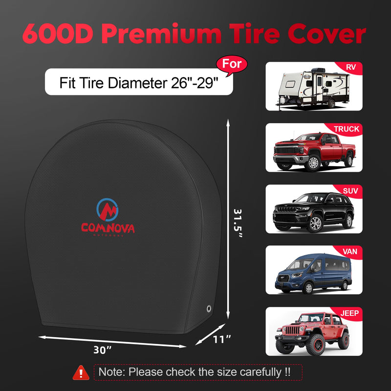 RV Tire Covers 2 Pack, Tough Tire Wheel Protector for Truck, Travel Trailer, Motorhome, SUV, Camper, Boat, Van, PU Oxford Waterproof Sun Rain Snow Protector Cover, Fits Tire Diameters 26-29 inch M - Fit Tire Diameter 26"-29" Black - 2 Packs