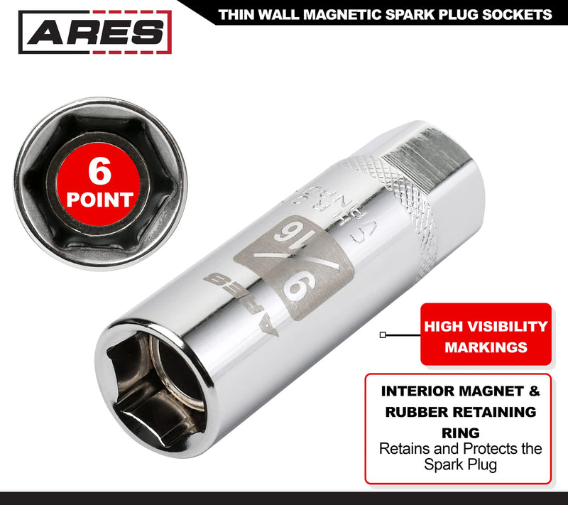 ARES 11016-5-Piece Magnetic Spark Plug Socket Set - Includes 14mm and 16mm Thin Wall Sockets and 9/16-inch, 5/8-inch, and 13/16-inch Sockets - Convenient Reusable Storage Rail Included 5-Piece Magnetic