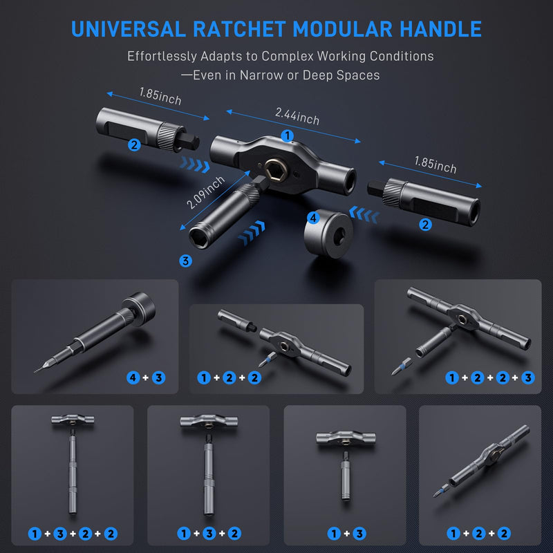 74 in 1 Magnetic Ratchet Screwdriver Set - T Handle Ratchet Screwdriver with S2 Steel Bits, Detachable Design & Storage Case, Precision Repair Tool Kit for Electronics, Furniture, Bicycle, Watch, DIY Black 74PCS