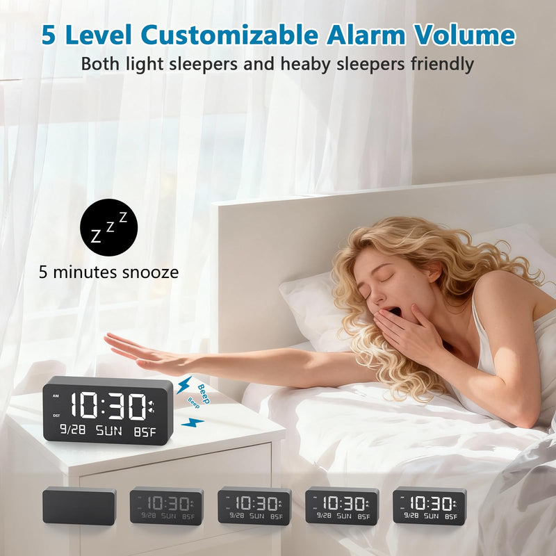 Wooden Digital Alarm Clock for Bedroom - Desk Clock with Date, Day of Week, Temperature, Dual Alarms, Dimmer, USB Port Charge, DST, Adjustable Volume for Living Room/Office Wood Decor (Black) Bl-rectangle