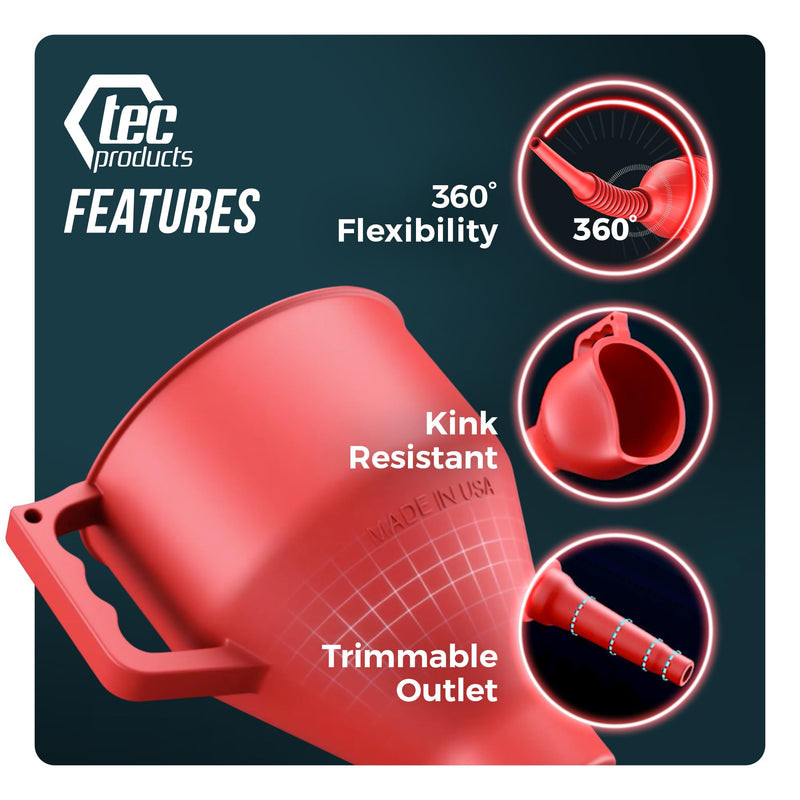 FlexAll Funnel - Long Flexible Funnel with Hose for Automotive Use - Nitrile Rubber Funnel with Handle for Oil Change and Transmission Fluid - Gas, Diesel, Oil Funnel for Cars Red Large