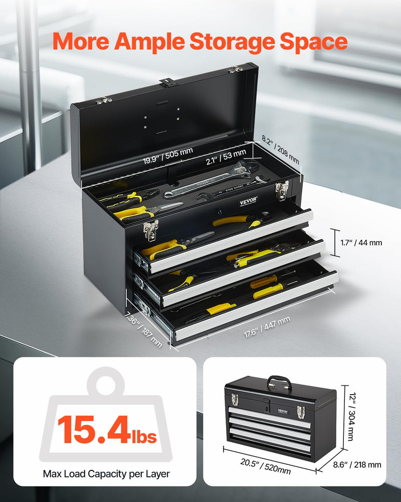 VEVOR Metal Tool Box, 20.5-inch, Portable Metal Tool Box with 3 Drawers, Small Tool Chest with EVA Liners, Ball Bearing Slide Drawers Locking & Powder Coated Finish, Multi-Function Tool Organizer Black-3 Drawer 20 in