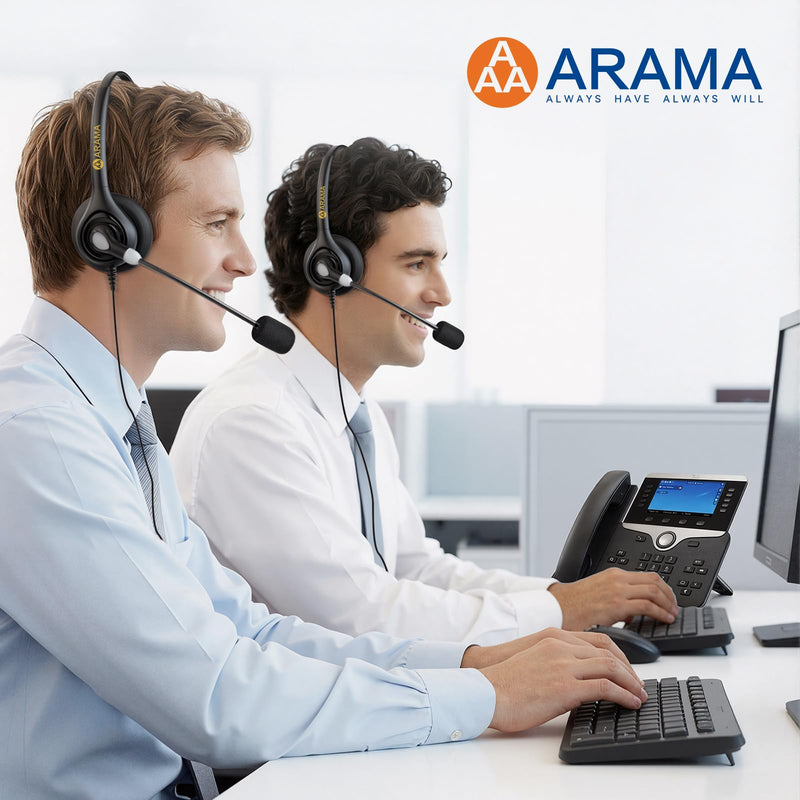 Arama Phone Headset for Office Phones for Polycom & Other IP Phones(A602S1) | Noise-canceling Mic, Metal Headband, Plug-and-play, Hands-Free, Call Center, Telemarketing, Office, Lightweight Design Black