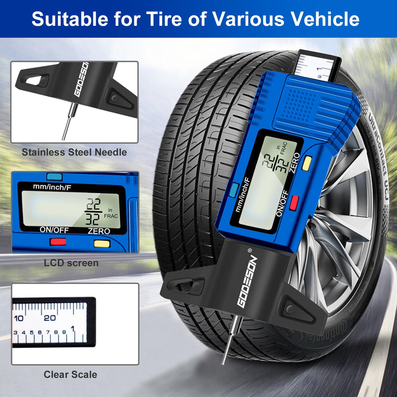 Godeson Digital Tire Gauge with 3 Modes - Fractional Inch, Decimal Inch and Millimeter, Accurate Tire Gauge for Motorcycles, Cars, Trucks Blue