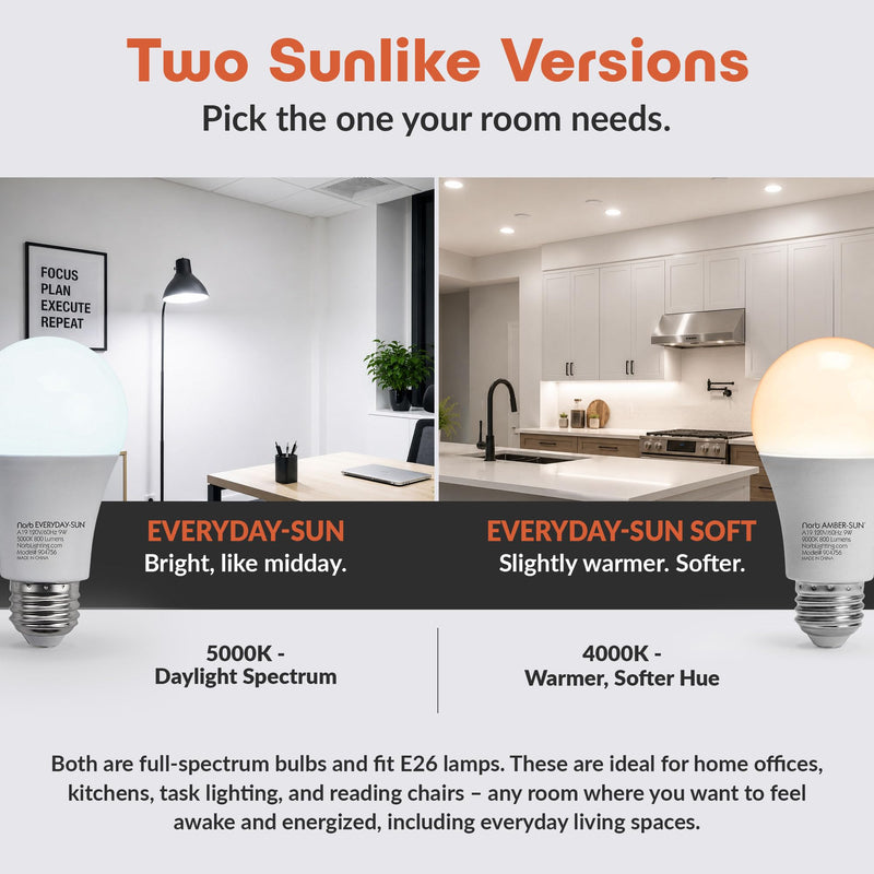 Norb Everyday Sun Light Bulbs | Full Spectrum Light Bulb LED 5000K Daylight | High CRI 97 Natural Color | Dimmable 800 Lumens A19 E26 for Energy, Mood & Performance | Energy Efficient 9W | 2-Pack