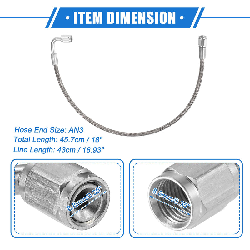 AN3 Braided Steel Turbo Oil Feed Line 90 Degree to Straight Hose End, 18" Remote Turbocharger Oil Drain Return Line Universal for Car Durable Stainless Steel PTFE Silver Tone 18 Inch
