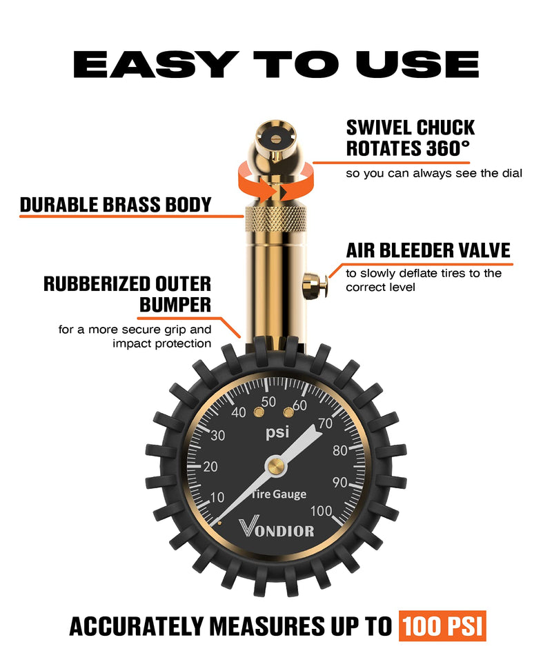 Vondior Tire Pressure Gauge (0-100 PSI) Certified ANSI Accurate with Large 2 Inch Easy to Read Glow Dial, Low - High Air Pressure Gauge. Tire Gauge for Car and Trucks Tires 0-100 PSI Tire Gauge w/o Hose