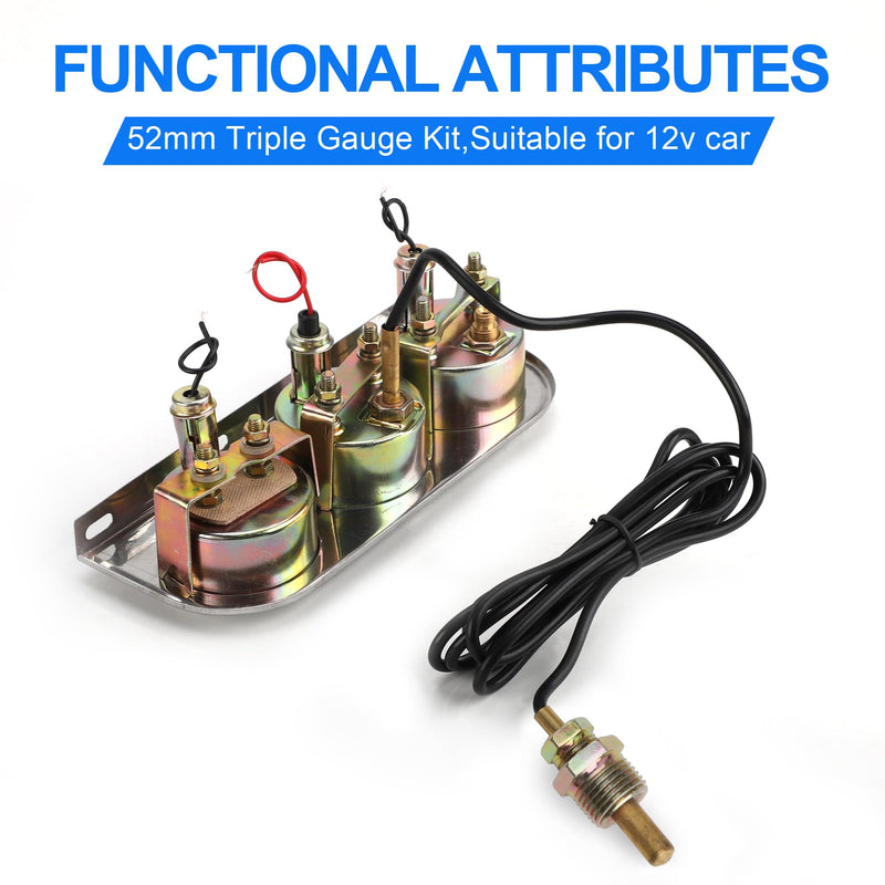 2" 52mm Triple Gauge Kit Chrome Panel 3in1 Car Meter Oil Pressure Fahrenheit Water Temp Ammeter Gauges for 12V Car Boat Truck Black Face