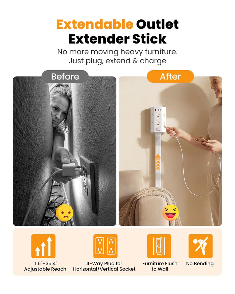 Flat Outlet Extender Stick,6 Widely Outlets,20W USBC,Extendable 11.6"-35.4" | Adjustable Wall Outlet for Behind Couch Bed TV Dresser Desk Dorm,3 Side Plug Outlet&Phone Ledge,Sag-Free 4 Way Fixed