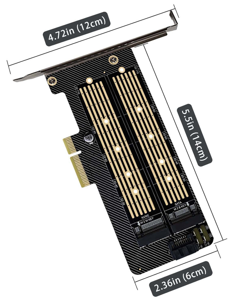 COMeap Dual M.2 PCIE Adapter，M.2 SSD NVME (M Key) and SATA (B Key) Adapter with Heatsink for One M.2 NVMe and One SATA SSD 22110/2280/2260/2242/2230 to PCI-e 3.0 x4 Host Controller Expansion Card