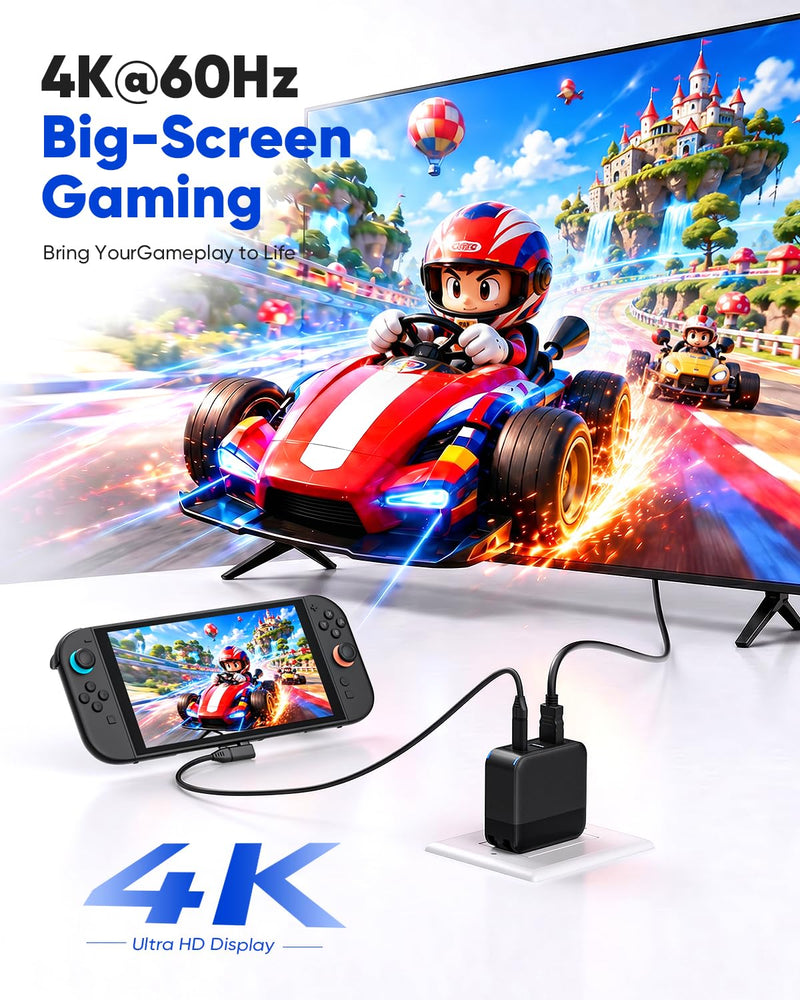 Switch 2 Dock Charger Kit, 65W Portable Docking Station with 4K HDMI Cable | Portable Docking Station Compatible with Switch 2/1/OLED Steam Deck, 4K HDMI cable, USB-C cable, Travel TV Dock for Nintendo Black