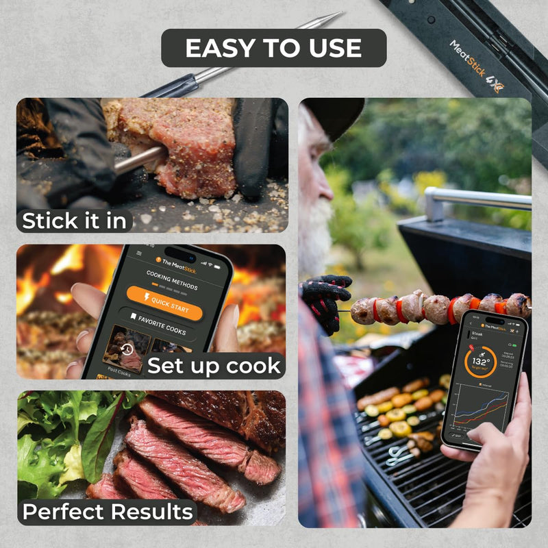 MeatStick 4X Wireless Meat Thermometer for Grilling and Smoking, Bluetooth Temperature Probe with 4 Sensors, 650ft+ Range for BBQ, Smoker, Oven MeatStick 4X Set (650ft+ Range)