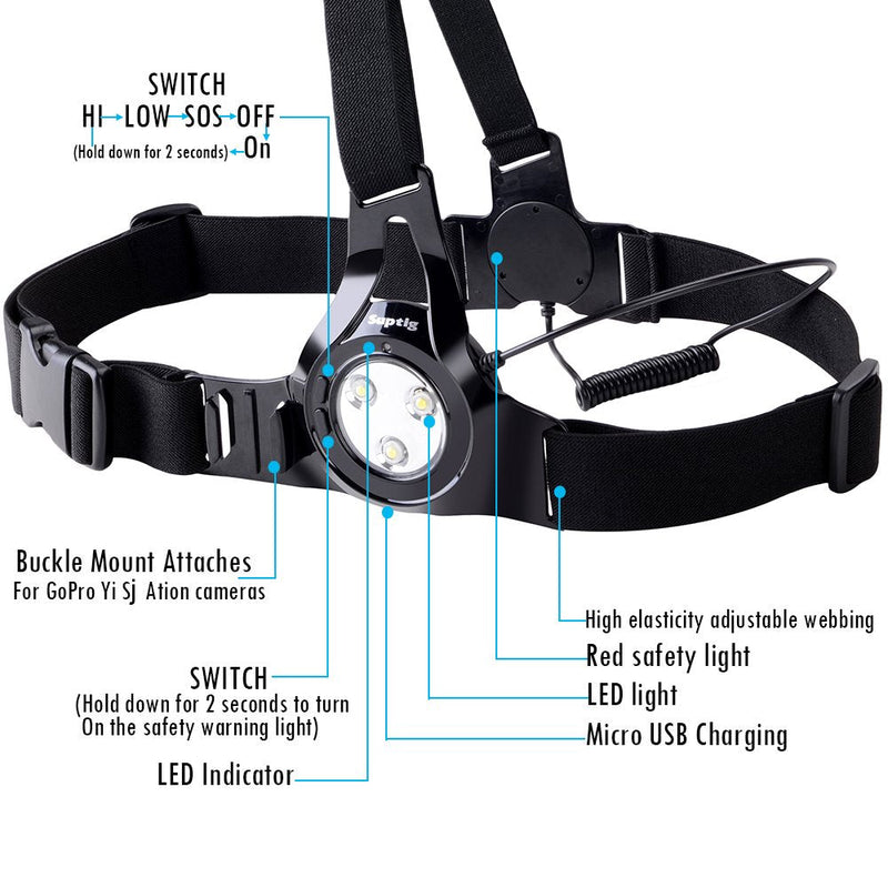 Suptig Chest Running Light,Chest Light Night Running Warning Lights LED for Running, Walk Connected for Gopro Hero13/12/11/10/9/8/7/6/5/4/4s/3+/3 with 2600mAh Built-in Rechargeable Battery Charging
