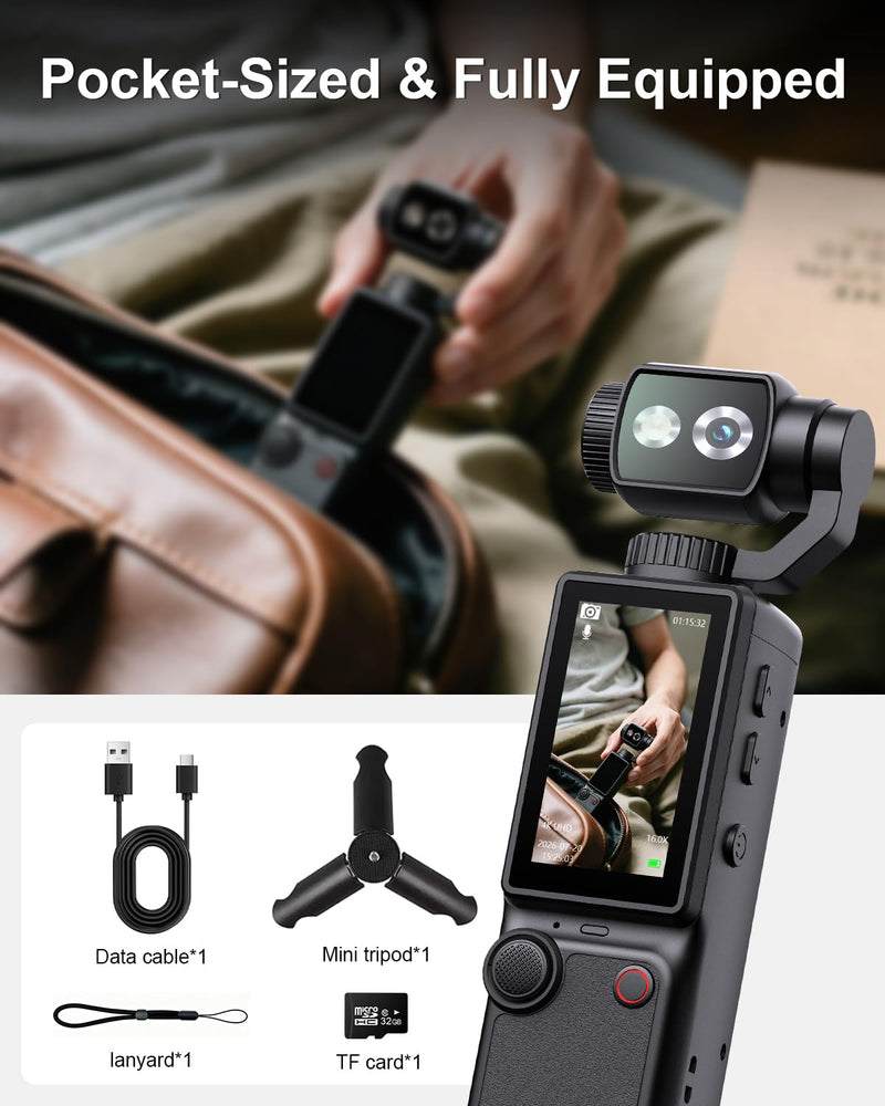 4K Vlogging Camera with 180°Rotating Lens, Portable Handheld Video Camera | 16X Zoom Pocket Digital Camcorder with Clear Mic, 2.0’’ Screen,32GB Card,Tripod,2000mAh Battery for Travel&Youtube Tiktok