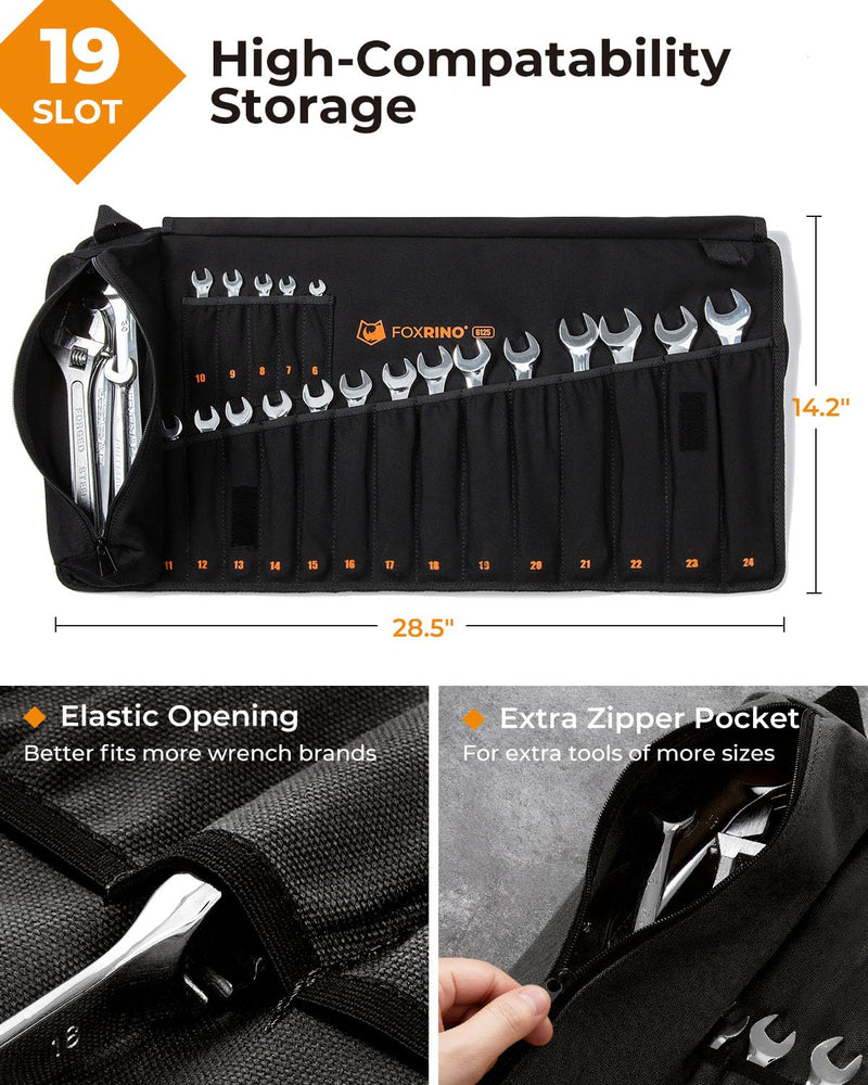 Foxrino Wrench Roll, Wrench Roll Up Pouch, 19-Pocket Heavy Duty Canvas Wrench Organizer Bag for Metric Combination Wrenches, Portable Tool Roll Bag, Gifts for Men for Fathers Day(Black, 19+1 Metric) Black