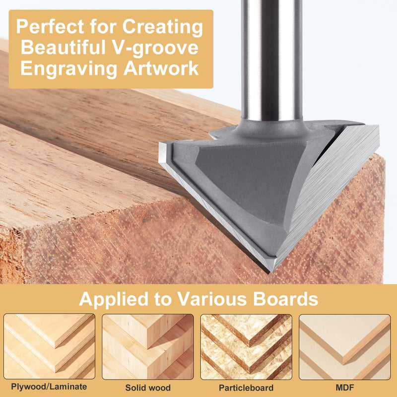 90 Degree V Bit 1/2" Shank, 2" Cutting Diameter Carbide Tipped V Groove Router Bit Wood CNC Router Bits for Grooving, Chamfering, Engraving 90 Degree, 1/2" Shank, 2" Cut Dia