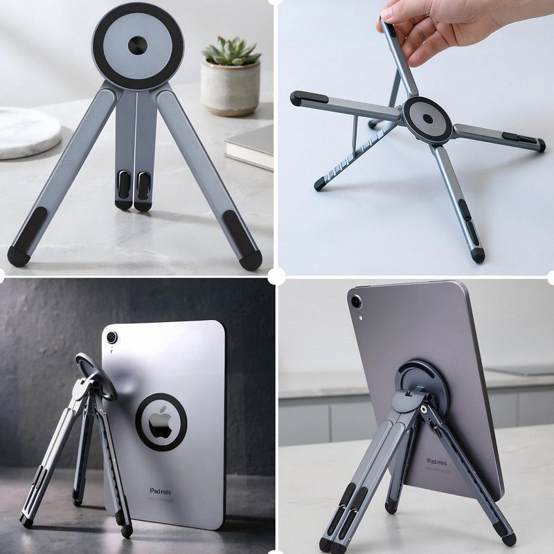 3-in-1 Foldable Magnetic Stand for Laptop, Tablet & Phone, Grey | Aluminum Alloy Holder, Adjustable, Portable & Stable, Desktop Riser, For MacBook, iPad, iPhone, Samsung