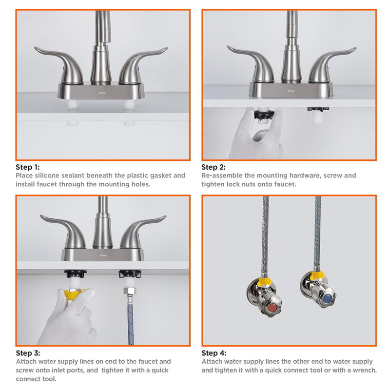 KPW Bathroom Sink Faucet 2 or 3 Hole Brushed Nickel Centerset 4 Inch Bathroom Sink Faucet 2 Handle Over ABS Non-Metallic Lavatory Bathroom Faucet with Pop up Drain Water Supply Hoses Two Handle 5121 Brushed Nickel