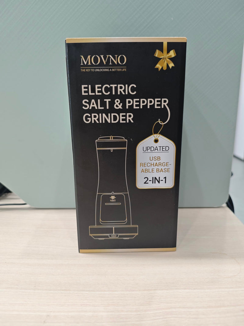MOVNO 2 in 1 Rechargeable Electric Salt and Pepper Grinder Set with Charging Base, No Need Battery Automatic Salt and Pepper Grinder, One-Handed Operation, Adjustable Ceramic Grinder with LED Light Black