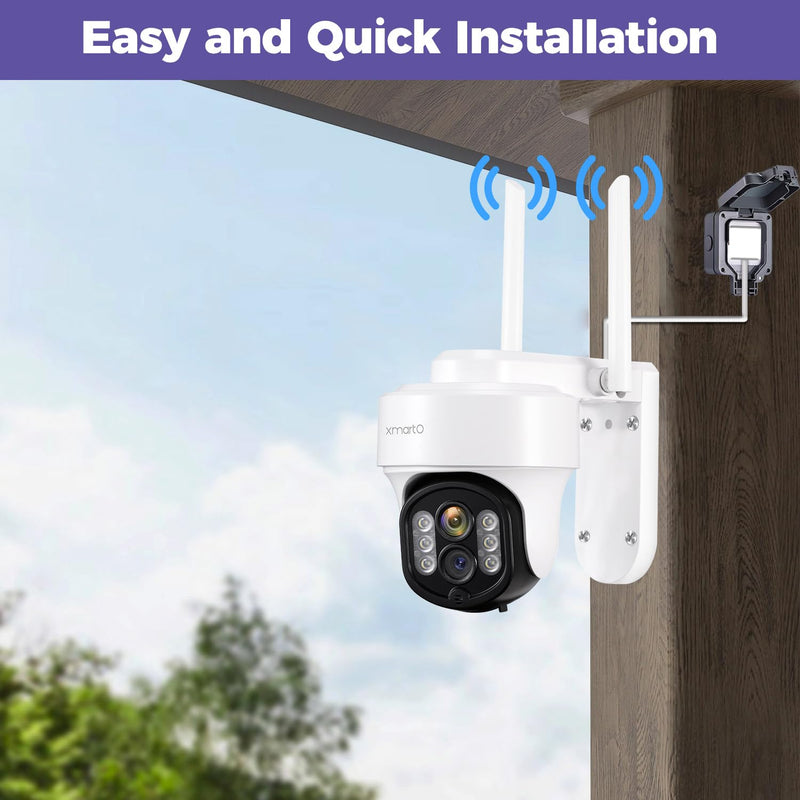 xmartO Auto-Track Security Camera Outdoor Wireless, 3MP WiFi PTZ Security Camera AC Powered, Auto Floodlight, Color Night Vision, Motion Detection MSG and Siren, SD Card and Cloud Storage 8x digital zoom