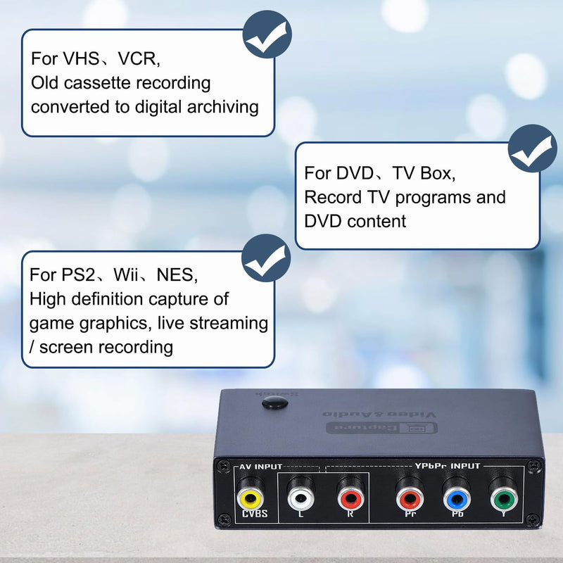 2026 Upgraded VHS RCA YPbPr to Digital Converter, 1080P 60Hz Component Composite Audio Video to USB Video Capture Card for VHS VCR DVD PS2 Wii N64, Compatible with Windows Mac Linux Android
