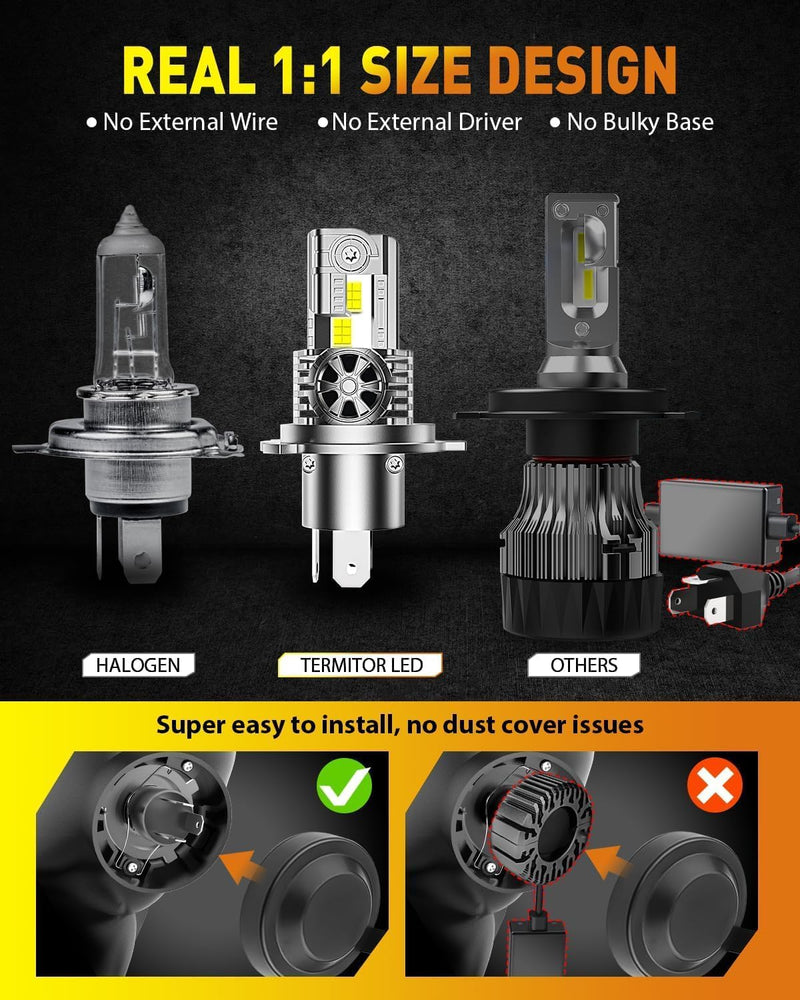 Latest H4/9003/HB2 Bulbs, 50,000LM Brightness Hi/Low Beam, 6500K Cool White, 1:1 Halogen Size Automotive Replacement H4 9003 Fog Lights, Plug-N-Play, IP68 Waterproof, Pack of 2 H4 9003 HB2