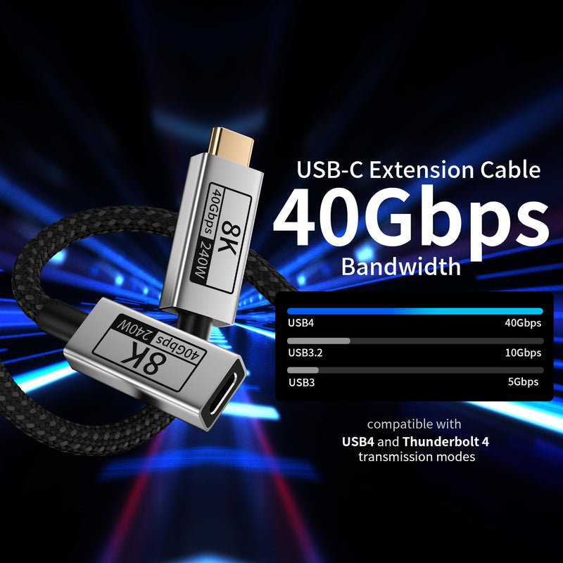 Long USB C Extension Cable 10FT Compatible with Thunderbolt 5,40Gbps Data & 240W Charging, 8K@120Hz Video for Display, Type C Male to Female Extender for Thunderbolt 4/3 /SSD/USB Hub/Dock