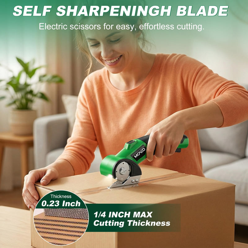 Cardboard Cutter, Rechargeable Cordless Electric Scissors, Upgrade 4V Electric Box Cutter with 2 Blades, Safety Lock & LED Light, Powerful Cutting for Cardboard Box, Plastic, Leather, Fabric