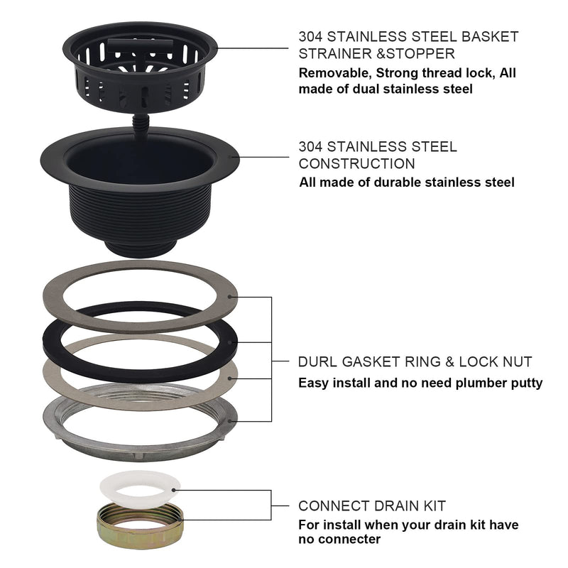 3-1/2 Inch Matte Black All Stainless Steel Kitchen Sink Drain Strainer Assembly with Strainer Basket, Drain Stopper Replacement for 3.5 Inch Kitchen Sink