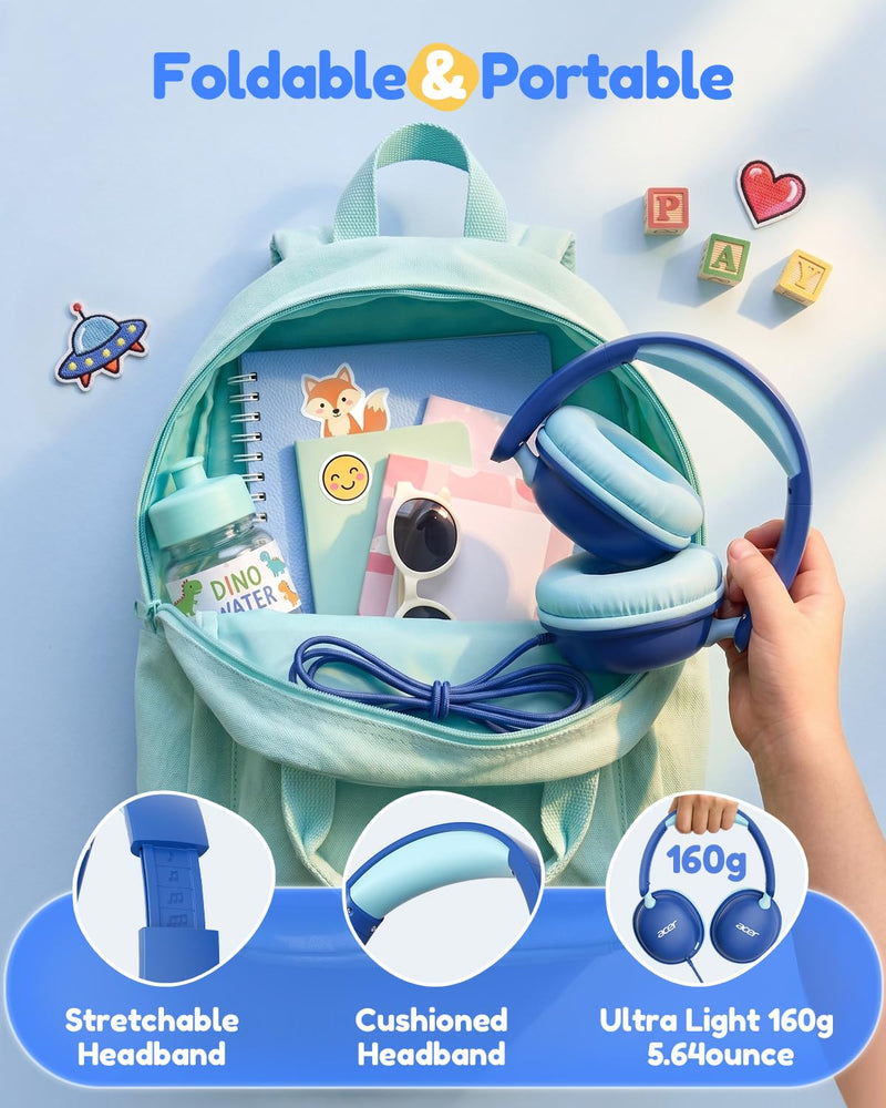 Acer OHW355 Kids Headphones with Cord for School,Over Ear Wired Headphones | 74/85dB Volume Limit, Foldable 3.5mm Jack, Stereo Sound, for Tablet/Computer/Travel/Chromebook-Blue Cyan Blue Cyan