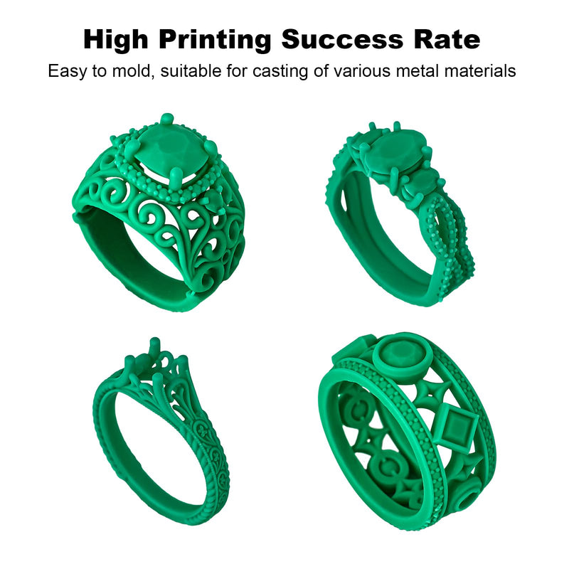 Cast100P 3D Printer Resin Castable 405nm UV Curing Resin High Precision Photopolymer Resin Easy to Print and Burn for Making Jewelry (Green, 500g) Green
