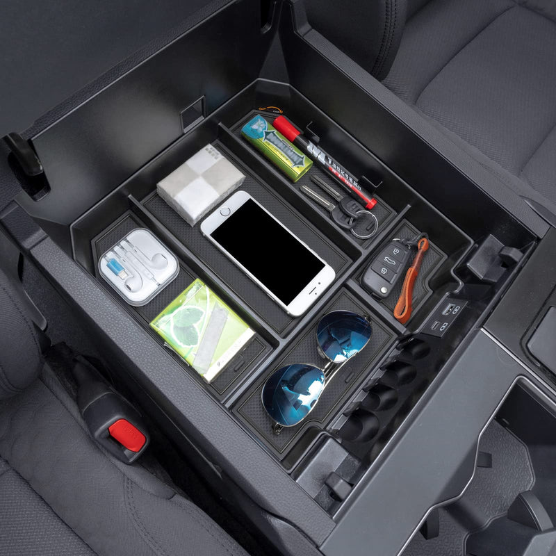 JDMCAR Center Console Organizer Compatible with 2022 2023 2024 2025 Toyota Tundra Accessories and 2023-2025 toyota sequoia Armrest Secondary Storage Box ABS Material with Non-Slip Mats (Black Trim) black