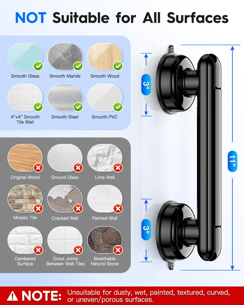 Upgraded Grab Bars for Shower Bathtub Bathroom Wall, Heavy-Duty Suction Grab Bars Shower Handle Safety for Elderly Seniors Handicap, No Drilling Tool-Free, Easy Removal and Reusable (Black) Black
