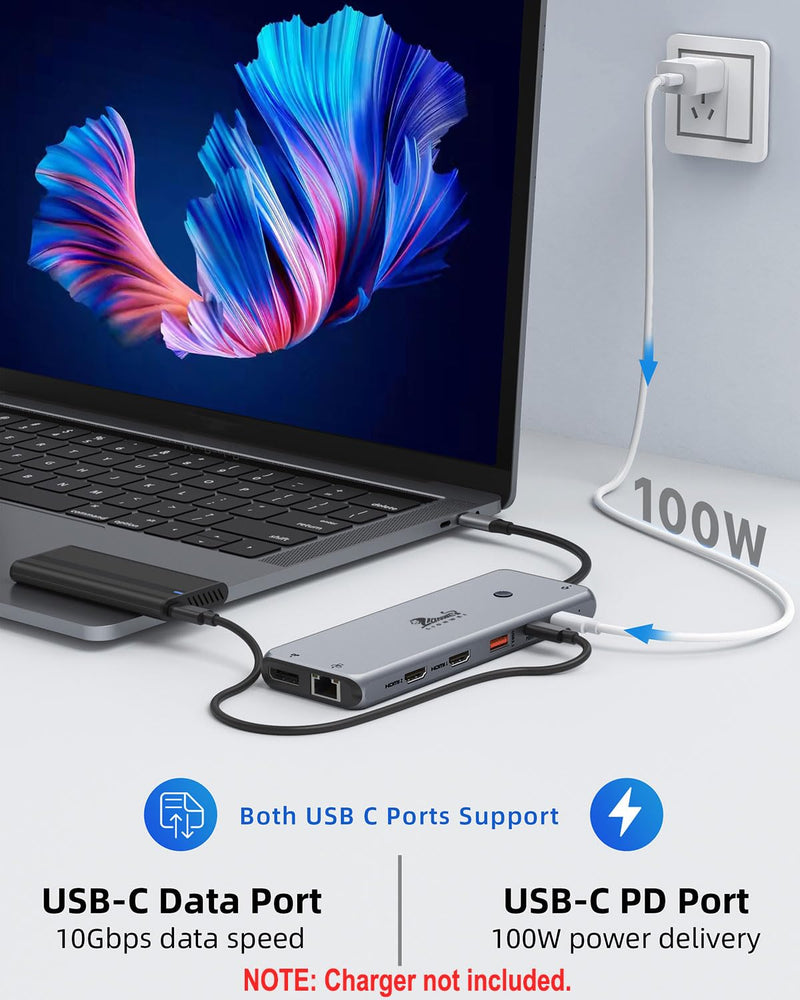 Docking Station Dual Monitor 4K HDMI 13-in-1 USB C Hub for Laptop MacBook | LIONWEI Triple 4K, Dual HDMI+DP, 10Gbps, 100W PD, Ethernet, 8 USB C/A Ports, Switching Mode Botton, Audio, for Dell,HP,Lenovo 13-in-1 Docking Station (USB C)