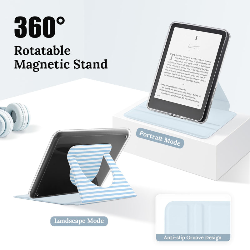 Magnetic Rotating Stand Case for 7'' Kindle Paperwhite & Colorsoft | Magnetic Detachable, Adjustable Stand, Auto Wake/Sleep, Clear PC Case, Soft TPU Edge, Anti-Slip Grooves, Blue & White Stripes Blue and White Stripes 7" e-book-reader