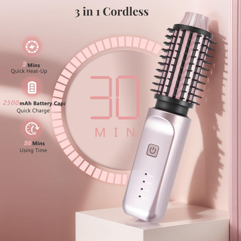 Cordless Curling Brush,3-in-1 Wireless Hair Curler Straightening Brushes,Portable USB Rechargeable Curling Iron,140℃-200℃,Travel Hot Brush for Curly/Straight/Volumising Styles