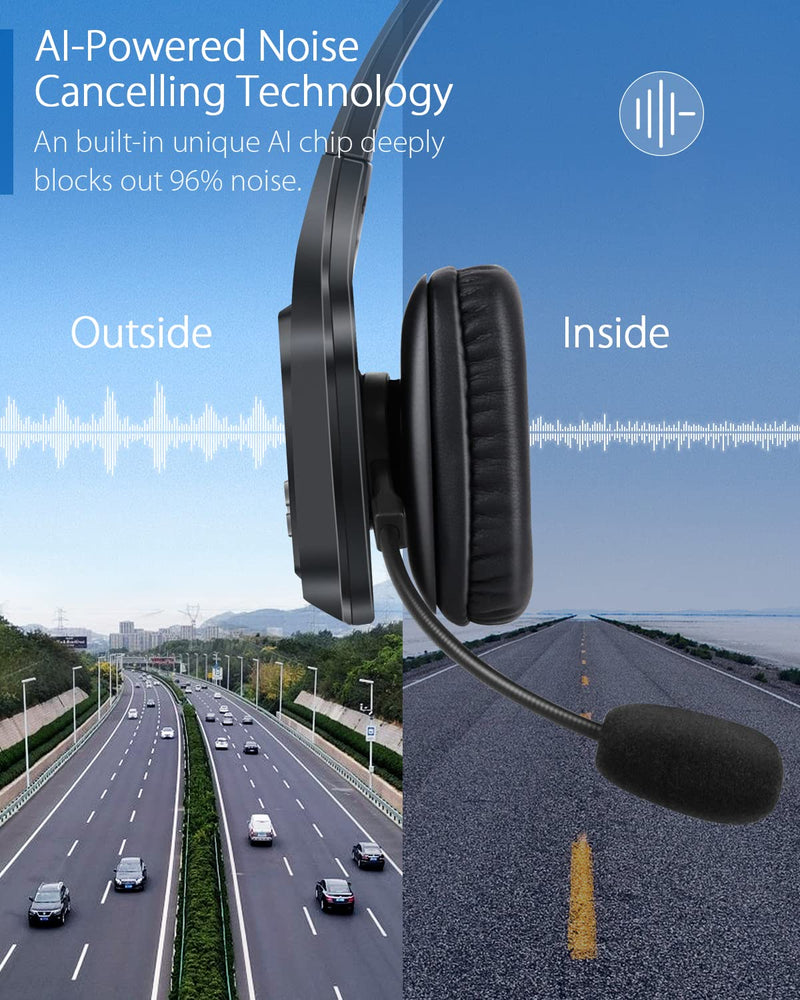 JM100 Trucker Bluetooth Headset with AI Noise Canceling, Wireless Headset with Rotatable Microphone and Big Mute Button, 34 Hrs Talk Time for Trucking, Home Office, Call Center