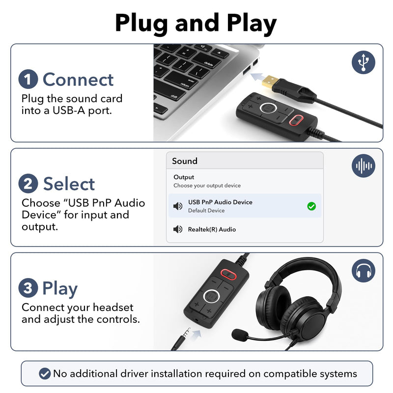 1Mii S03 External USB Sound Card, 7.1 Surround USB 3.5mm Jack Audio Adapter | for PC to Headphones, Plug & Play, Volume Control and Mic Mute for Gaming, USB to AUX for Headset, Computer, PS4, PS5, 6FT